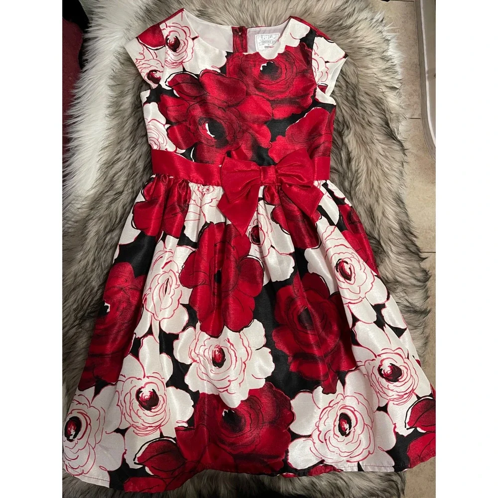 Gymboree Red White Floral Roses Holidays Party Formal Dress Waist Bow Size 8